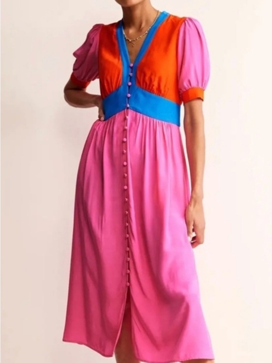 Boden Dresses & Skirts - Boden Pink Button Up Midi Dress with Puff Sleeves